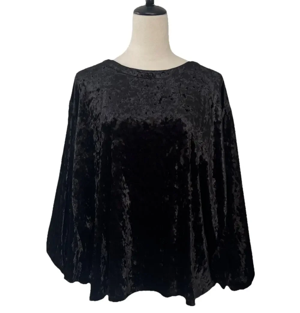 World Market Crushed Velvet Blouse Womens L/XL Black Batwing Pullover Whimsigoth